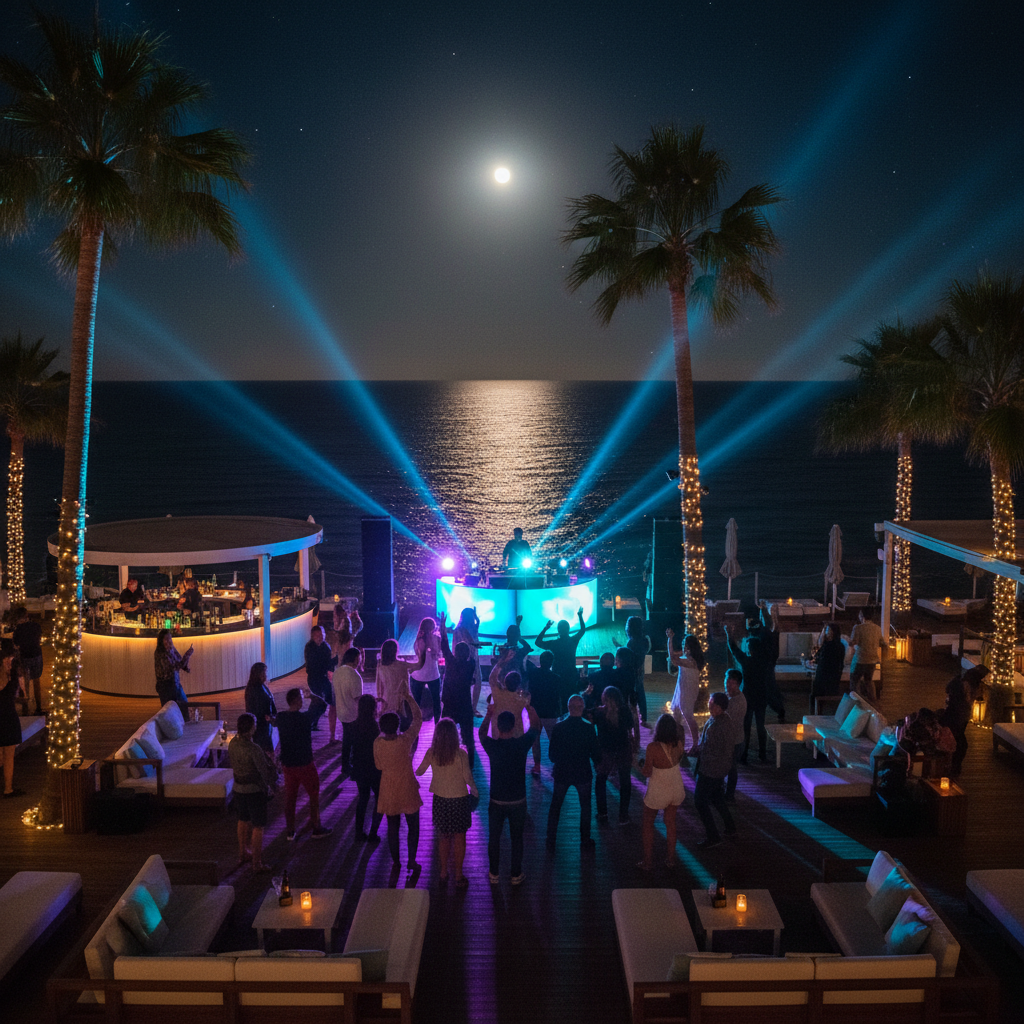 Beach club nocturno junto al mar